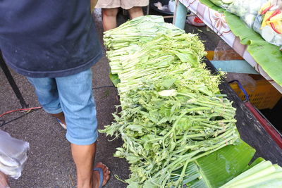 Low section of person with vegetables for sale at market stall