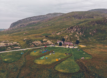 High angle view of land against sky