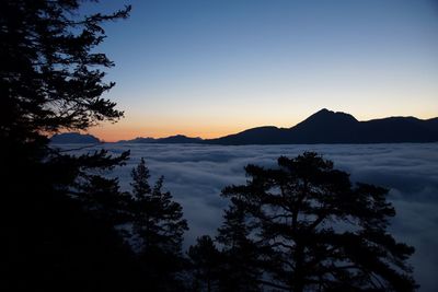 Scenic view of silhouette mountains against sky at sunset