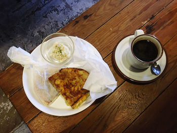 High angle view of breakfast served on table