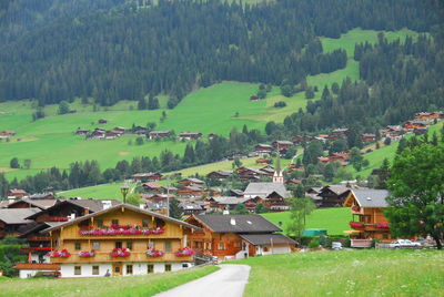 Houses on green landscape against sky