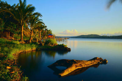 Scenic view of lake against clear sky