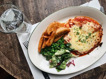 High angle view of food in plate on table