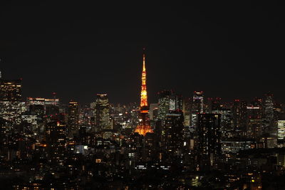 Illuminated buildings in city at night