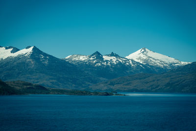 Scenic view of snowcapped mountains against clear blue sky