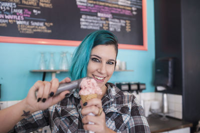 Young woman at ice cream shop.