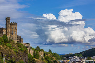 Built structure against blue sky and clouds