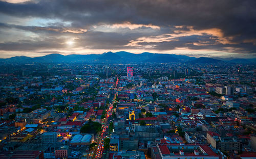 High angle view of city at dusk