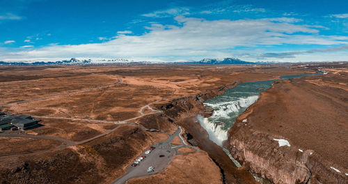 Panoramic aerial view of popular tourist destination - gullfoss waterfall.