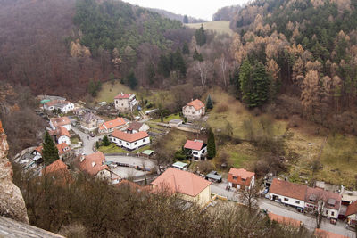 High angle view of houses in town