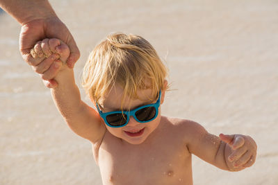 Smiling boy with father