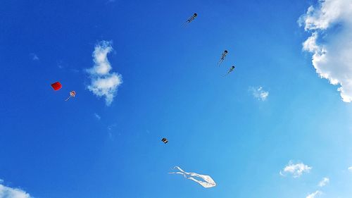 Low angle view of birds flying in sky