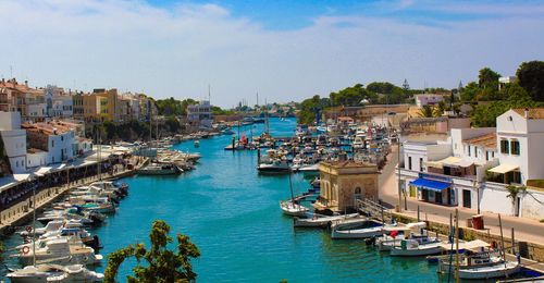 High angle view of boats moored in harbor