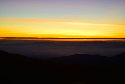 Scenic view of silhouette mountains against romantic sky at sunset