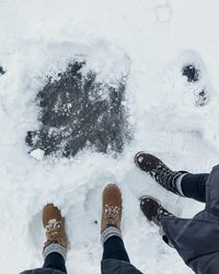 Low section of people on snowcapped field during winter