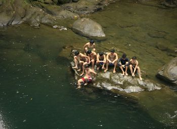 High angle view of ducks swimming on lake