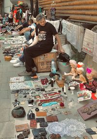 High angle view of people working on table