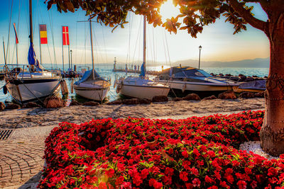 Boats moored at sea shore against sky during sunset