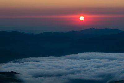 Scenic view of mountains against sky at sunset
