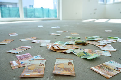 High angle view of paper currency