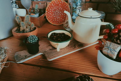 High angle view of breakfast on table