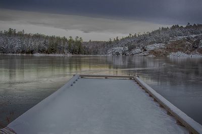 Scenic view of lake against sky during winter
