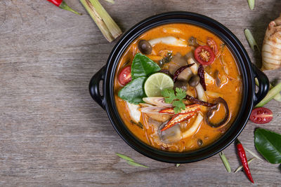 High angle view of soup in bowl on table