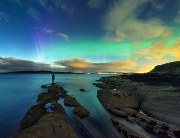 Scenic view of beach against cloudy sky