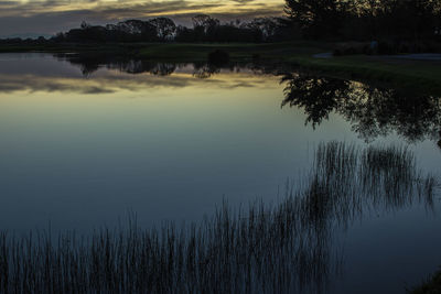 Scenic view of calm lake at sunset