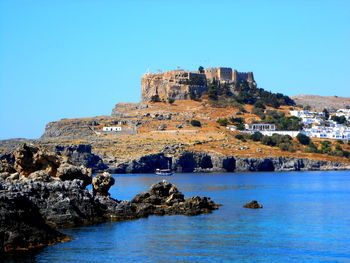 Scenic view of sea against clear blue sky