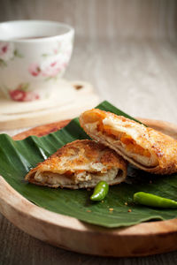 Close-up of food served on table