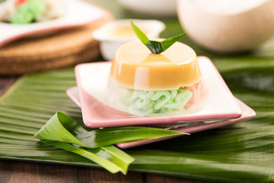 Close-up of dessert in plate on table