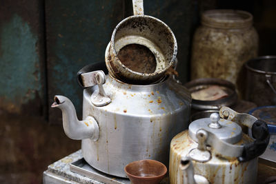 Masala chai tea pot on the streets of old delhi india