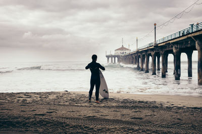 Rear view of man walking on beach