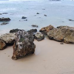 High angle view of rock formations at beach