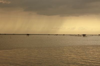 Silhouette man in sea against sky during sunset