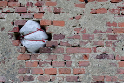 Rear view of toy on brick wall