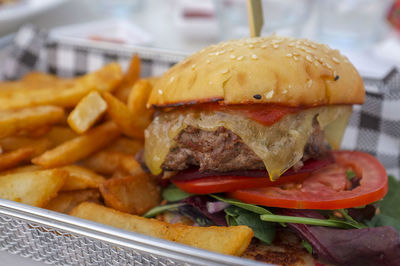 Close-up of burger and fries in plate