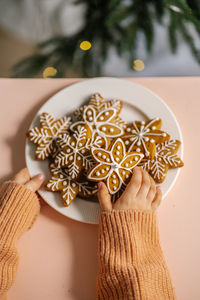 Ginger christmas cookies in children's hands on the background of the christmas tree.