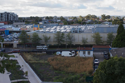 High angle view of houses against sky