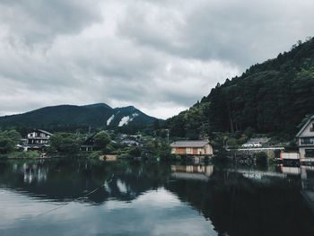 Scenic view of lake by buildings and mountains against sky