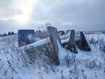 Snow covered field against sky