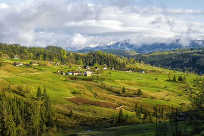 Panoramic view of agricultural field against sky