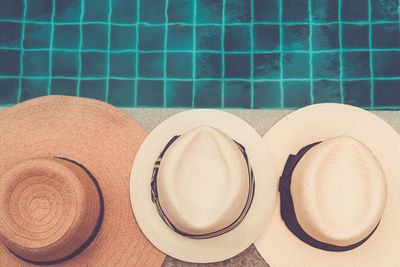 High angle view of hat on table