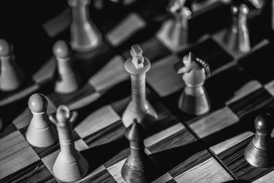 High angle view of chess pieces