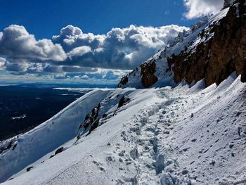 Scenic view of snow covered mountains against sky