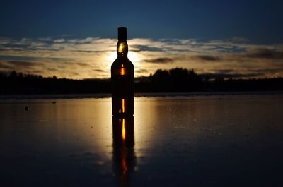 Close-up of silhouette reflection in lake against sky