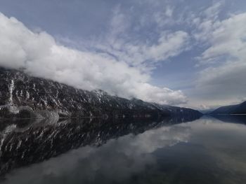 Scenic view of lake by mountains against sky