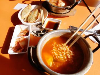 High angle view of soup in bowl