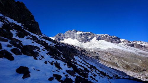 Scenic view of snowcapped mountains against clear blue sky